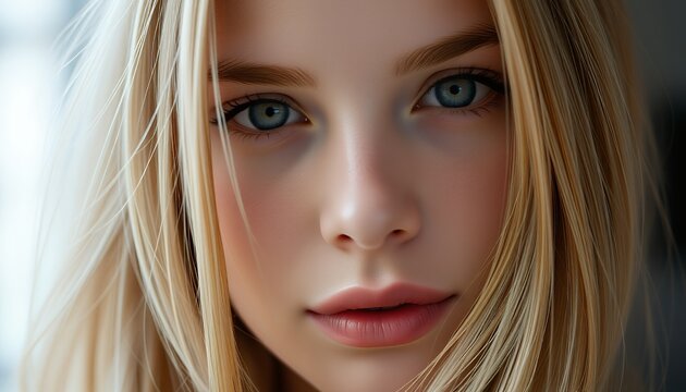 Close-up portrait of a young blonde woman with striking blue eyes. Her smooth skin and captivating gaze create a beautiful and alluring image.