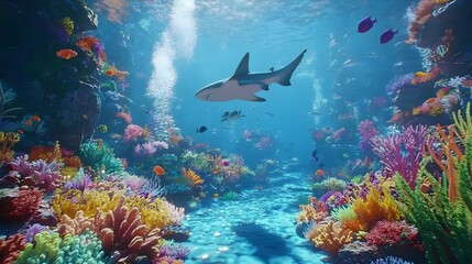 Fototapeta premium Shark swims through vibrant coral reef with colorful fish.