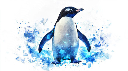 Fototapeta premium Penguin with glowing blue and white ice-themed designs, low poly on a white background.