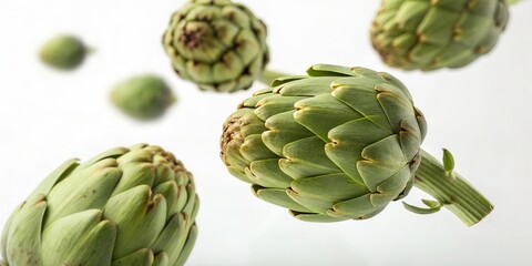 Obraz premium Floating Artichokes Isolated on White Background