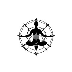 Serene Lotus Meditation: A stylized silhouette of a person in lotus position, encircled by an ornate mandala, evokes peace, tranquility, and spiritual balance.  