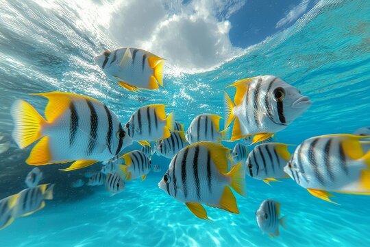 A school of tropical fish underwater and sky with cloud