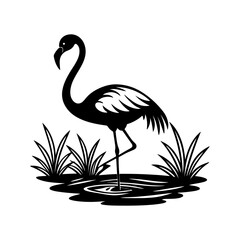 flamingo standing in a pond silhouette, black and white silhouette, vector and illustration