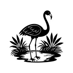 flamingo standing in a pond silhouette, black and white silhouette, vector and illustration