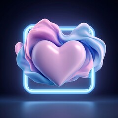 A vibrant, 3D heart surrounded by soft, flowing colors, set within a glowing neon frame, conveying a sense of love and creativity.