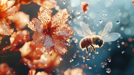 Honeybee hovering above dew-kissed flower petals nature close-up ethereal moment soft light environment
