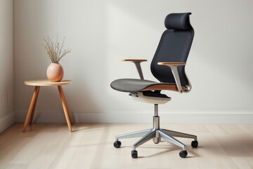 Modern ergonomic office chair. Stylish ergonomic office chair with wooden accents in a minimalist home office setting, next to a small wooden table with a vase.