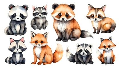 Fototapeta premium Watercolor illustration showcasing a charming collection of baby animals including red pandas, raccoons, foxes, and a panda, each depicted in a sitting pose with endearing expressions