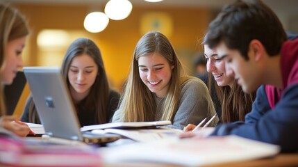 Obraz premium A group of college students studying together at a table, surrounded by textbooks and laptops.