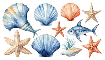 Watercolor set featuring various seashells, starfishes, corals, fishes, and an anchor, creating a nautical theme perfect for marine-inspired designs