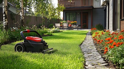 Obraz premium A weekend lawn care scene with a homeowner meticulously trimming the edges of their overgrown yard, clean lines separating trimmed and wild sections,