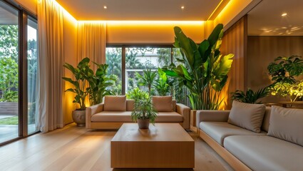 Fototapeta premium Modern living room with LED lighting. A contemporary living room with large windows, lush indoor plants, and warm LED strip lighting creating a cozy ambiance.