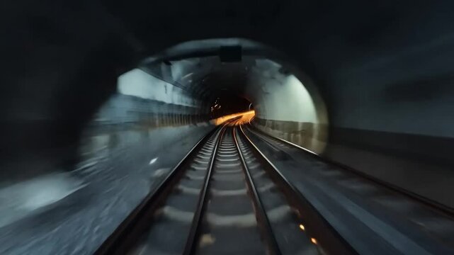 Podr&oacute;ż przez podziemny tunel metra z perspektywy pierwszej osoby, odzwierciedlająca prędkość i dynamikę miejskiego transportu.

