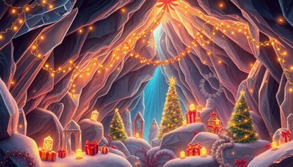 Glowing Crystal Caves Filled with Intricate Christmas Decorations and Lights Digital Illustration. Free Christmas Background. Chrismas Wallpaper. Cool Wallpaper 4k