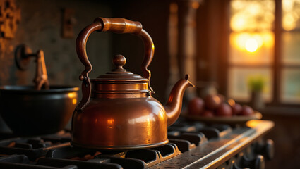 Elegant Copper Kettle on a Rustic Stove at Sunset