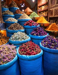 Generated image The colorful and aromatic display of dried flowers and herbs in a traditional Moroccan spice