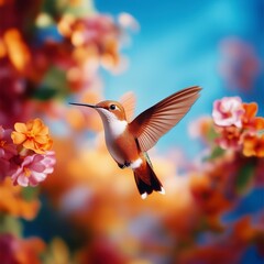 Fototapeta premium Hummingbird feeding on vibrant flowers in a colorful garden nature photography close-up