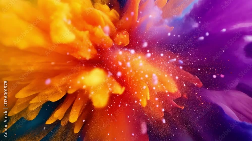Poster Cosmic Color Collision: Abstract image of vibrant orange and purple paint exploding, creating a mesmerizing blend of textures and hues. Perfect for designs needing a bold, energetic feel. 