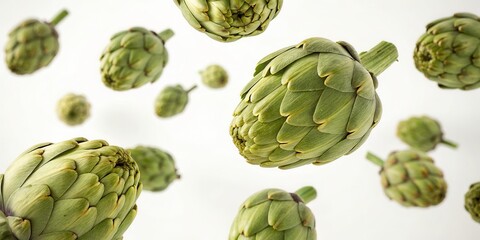 Fototapeta premium Floating Artichokes Isolated on White Background