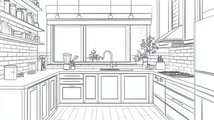 Fototapeta premium Modern Kitchen Design Sketch Showing L Shaped Layout