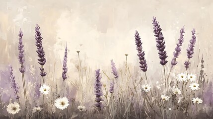 A minimalist wild meadow scene featuring silhouettes of lavender and chamomile, soft pastel accents of lavender and white, set against an earthy taupe background, hd quality. --ar 16:9