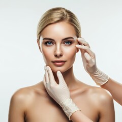 Naklejka premium A portrait of a blonde woman standing with bare skin, her face being touched by doctors in white gloves, preparing her for plastic surgery procedures, studio shot, isolated on a white background.
