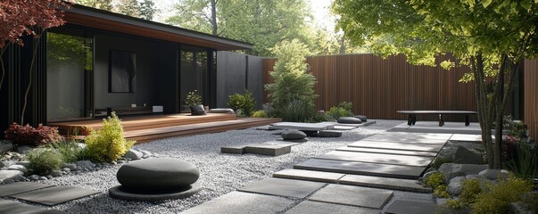 Obraz premium A serene, modern Zen garden featuring stepping stones, lush greenery, and a minimalist design, perfect for relaxation and meditation.