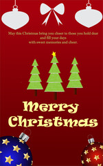 A beautiful Christmas card featuring a red background and three green trees, perfect for sending warm "Merry Christmas" wishes to loved ones.