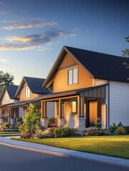 A modern neighborhood featuring charming homes, well-maintained gardens, and a scenic evening sky, creating a peaceful suburban atmosphere.