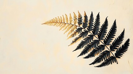 Naklejka premium A single fern leaf drawn in fine black lines with metallic gold highlights, set against a smooth pastel cream background, minimalist and luxurious composition, hd quality. --ar 16:9