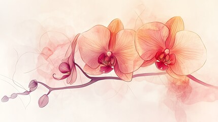 A soft composition of three orchid flowers, drawn in minimalist line art with subtle pink and cream watercolor highlights, placed on a textured off-white background, hd quality, modern and artistic.