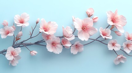 A spring branch with blooming cherry blossoms, soft pastel pink petals glowing against a pale blue gradient background, minimalistic and calming, hd quality. --ar 16:9