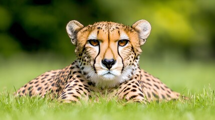 Majestic Cheetah Resting on Green Grass in Natural Habitat