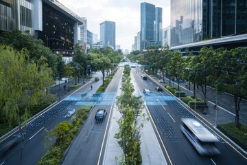 Obraz premium Innovative urban design smart technology interactive displays and autonomous vehicles in city environments