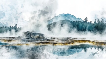 Steam rises from geothermal springs near a mountain