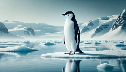 Fototapeta premium A cute Gentoo penguin on icy rocks in the polar regions surrounded by snow and icebergs