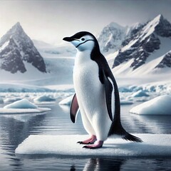 Fototapeta premium A cute Gentoo penguin on icy rocks in the polar regions surrounded by snow and icebergs