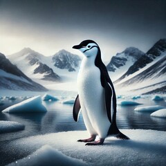 Obraz premium A cute Gentoo penguin on icy rocks in the polar regions surrounded by snow and icebergs