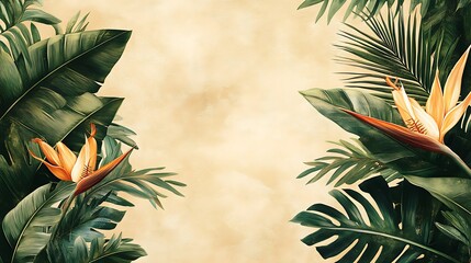 Abstract composition of palm fronds and monstera leaves in vibrant greens, accented with glowing orange bird-of-paradise flowers, placed on a neutral sandy canvas, modern and tropical, hd quality.
