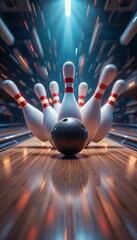 A bowling ball strikes down all the pins. A dynamic and exciting image capturing the thrill of a perfect strike.