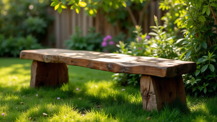 Rustic Wooden Bench in a Lush Garden Setting