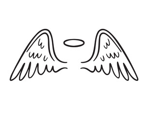 angel wings and a halo doodle hand drawn icon set. Outline drawing angel wings and a halo line clipart symbol collection