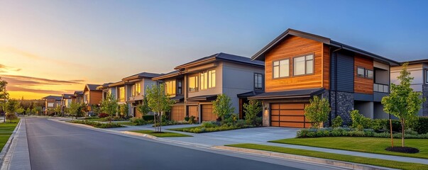 A serene suburban street lined with modern homes, showcasing contemporary architecture and lush greenery under a colorful sunset sky.