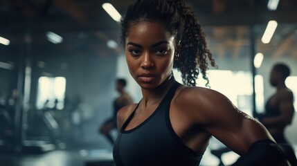 Fototapeta premium A woman in a gym stands with her arms outstretched, showcasing strength and confidence in her workout environment.