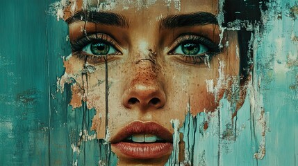 Woman's Face Emerging from Abstract Teal Paint