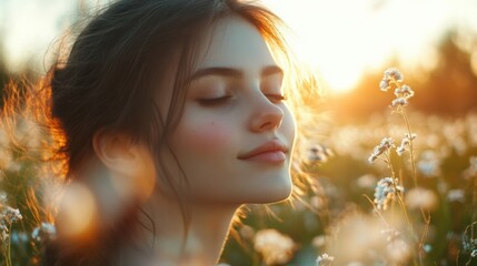Fototapeta premium A woman surrounded by blooming flowers in a sunny field, embracing the tranquility and beauty of the landscape.