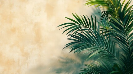 Obraz premium Abstract palm fronds rendered in vibrant green tones with bold black outlines, placed against a soft sandy beige background, minimalist tropical aesthetic, hd quality. --ar 16:9