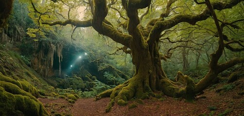 A mystical forest, filled with ancient trees and glowing fungi. A hidden, crystalline cave, filled with sparkling gems, lies deep within the woods