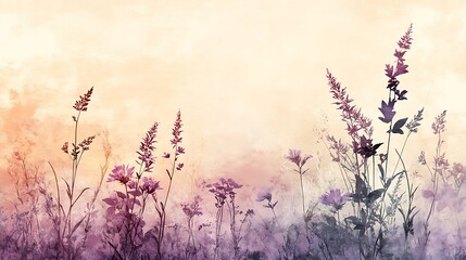 Abstract silhouettes of meadow flowers and grass, soft pastel accents of purple and light green on muted beige canvas, minimalist and modern, hd quality. --ar 16:9