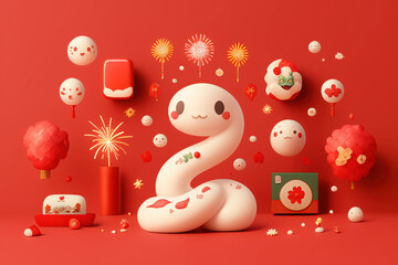 A cute snake character amidst festive decorations, creating a joyful and playful atmosphere perfect for celebrations.